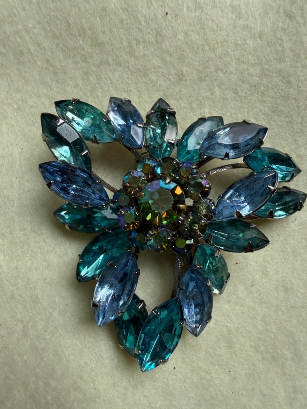 Vintage-Inspired Blue Green Navette Flower Brooch - Women Jewelry